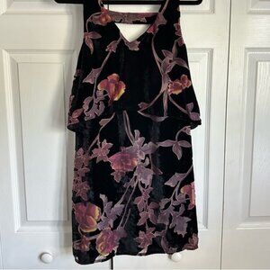Black Pink Floral Burnout Velvet Lined V Neck